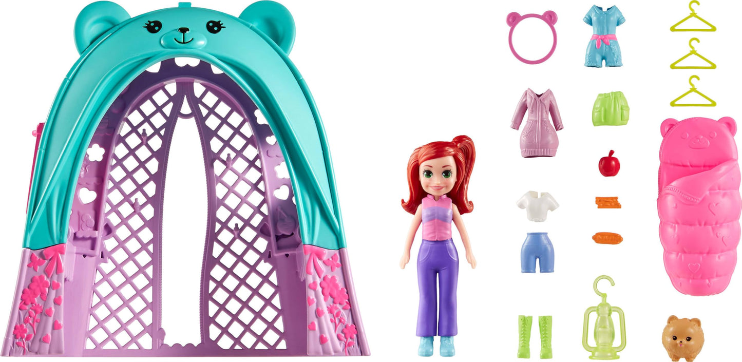 Polly Pocket Doll & Pet Playset Travel Toy with Camping & Food Accessories Glamping Tent